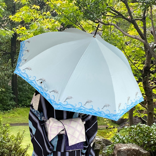 UVカット 折畳 竹傘 イルカ 置き傘 紫外線99.9％カット 晴雨兼用 UVカット 折畳 竹傘 イルカ スカイブルー 通学 置き傘 紫外線