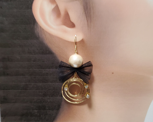 ハンドメイド　コットンパール　リボン　イヤリング ハンドメイド コットンパール リボン イヤリング パールリボン 手作り