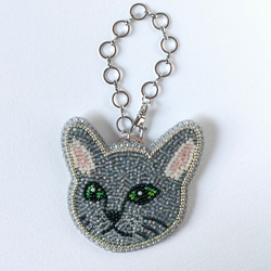 ビーズ刺繍◆猫のバッグチャーム＊ロシアンブルー 1枚目の画像