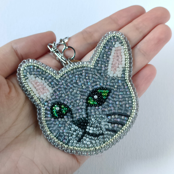 ビーズ刺繍◆猫のバッグチャーム＊ロシアンブルー 11枚目の画像