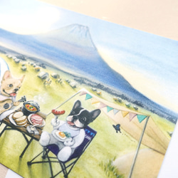 フレンチブルドッグの絵 カード・富士山で秋キャンプ・1枚 3枚目の画像
