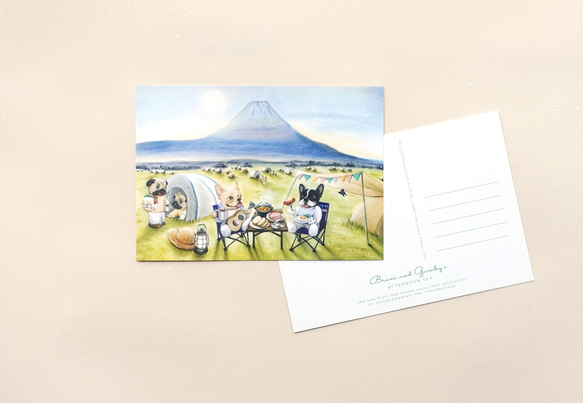 フレンチブルドッグの絵 カード・富士山で秋キャンプ・1枚 1枚目の画像