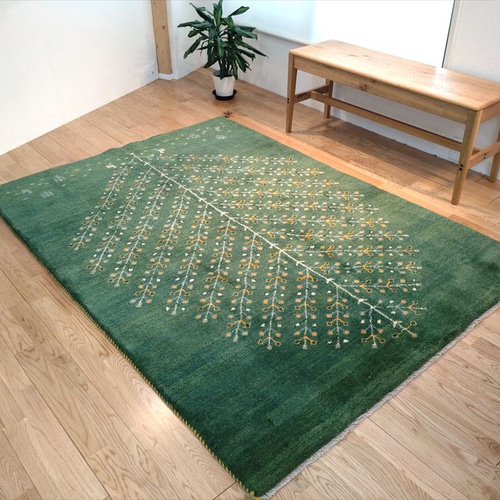 通年18℃のウール絨毯】ペルシャ ギャッベ リビング 196x143cm グリーン