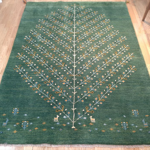 ペルシャ　ギャッベ リビング　188×156 緑　タイル　ラクダ　生命の木 ペルシャ ギャッベ リビング 188×156 緑 タイル ラクダ 生命の木 ラグ
