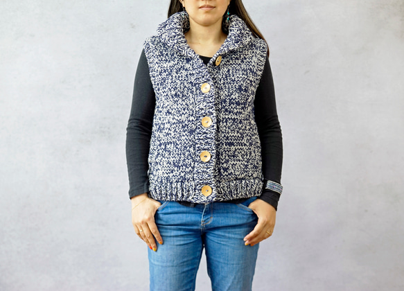 【即納可】アルパカｘウール・へちま衿ベスト（N-360093-ネイビー）・ペルーニット 