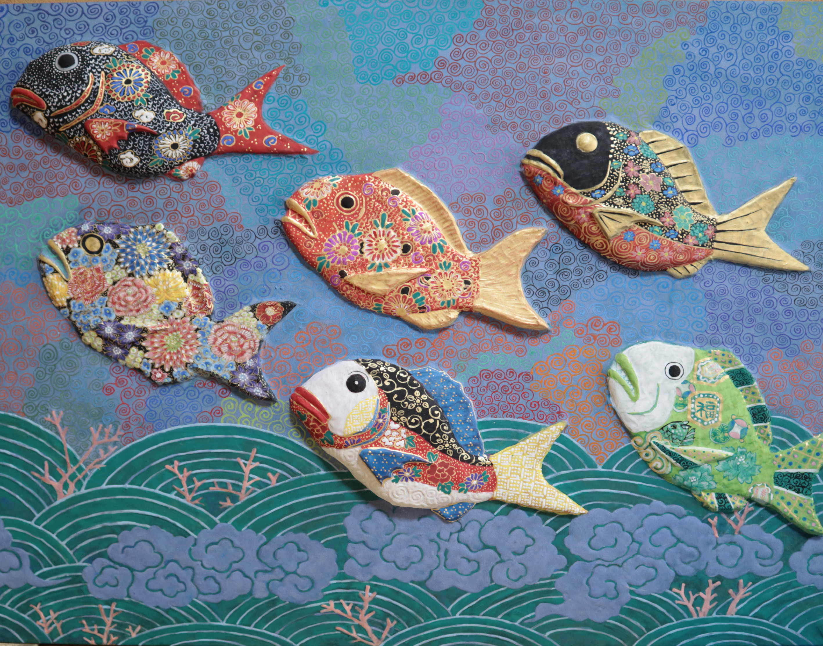 和菓子の木型を使った日本画【魚の群れ】F30号 75,000円