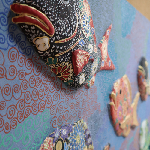 和菓子の木型を使った日本画【魚の群れ】F30号 絵画 石井里枝 通販