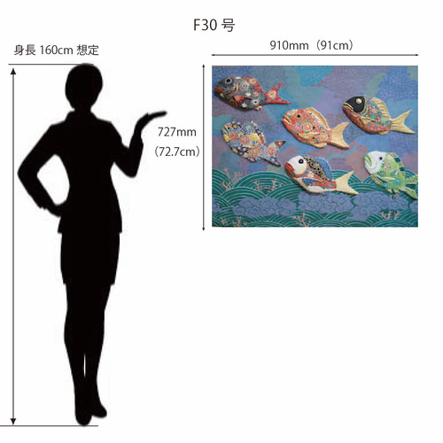 和菓子の木型を使った日本画【魚の群れ】F30号 絵画 石井里枝 通販