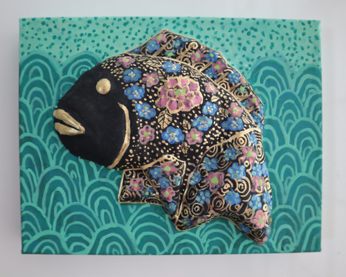 和菓子の木型を使った日本画【跳ねる鯛】0号サイズ 絵画 石井里枝 通販