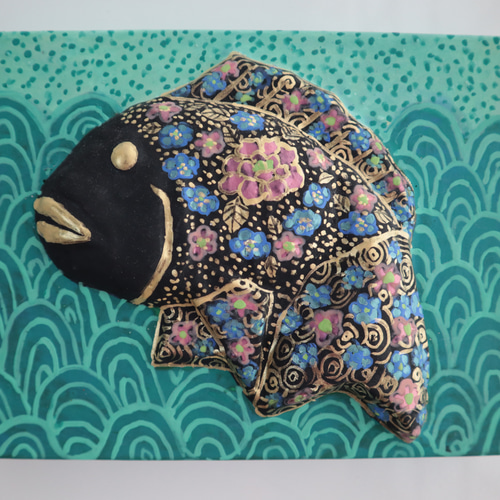 和菓子の木型を使った日本画【跳ねる鯛】0号サイズ 絵画 石井里枝 通販