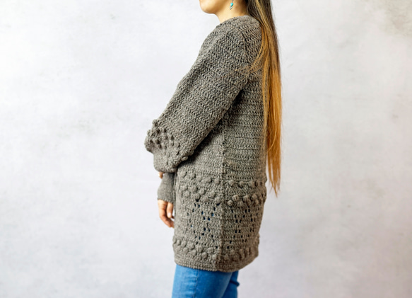 【完売】ウール・ハンドクロシェ・カーディガン（N-380166-グレー）・ペルーニット 8枚目の画像