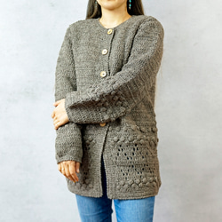 【完売】ウール・ハンドクロシェ・カーディガン（N-380166-グレー）・ペルーニット 7枚目の画像