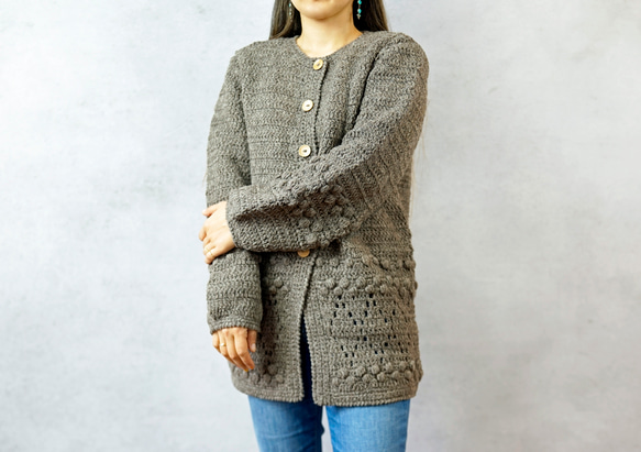 【完売】ウール・ハンドクロシェ・カーディガン（N-380166-グレー）・ペルーニット 7枚目の画像