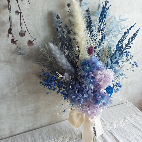 再再販』鮮やかブルーとパープルあじさいのスワッグ❀ブーケ