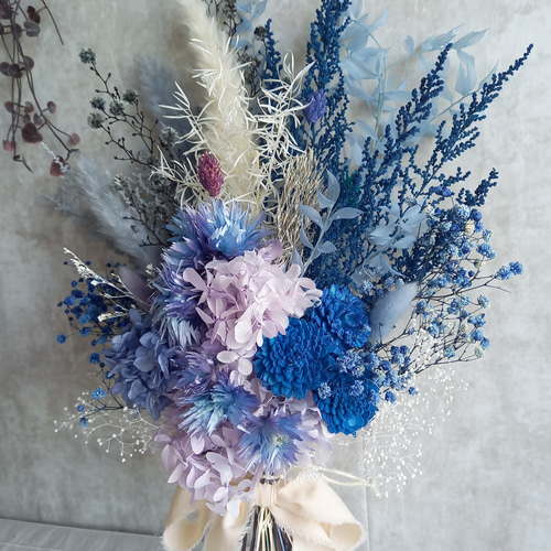 夏☀︎SALE！ブルーファンタジアのハーフリース／ブーケスワッグセット 再再販』鮮やかブルーとパープルあじさいのスワッグ❀ブーケ