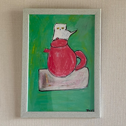 絵画。壁掛け原画【かわいい白猫とティーポット】 絵画 アカザ麦 通販