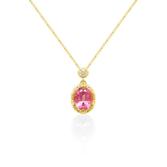 【現貨 1 件】K18 黃金十月誕生石粉紅電氣石天然鑽石簡約項鍊 Miwa 第2張的照片