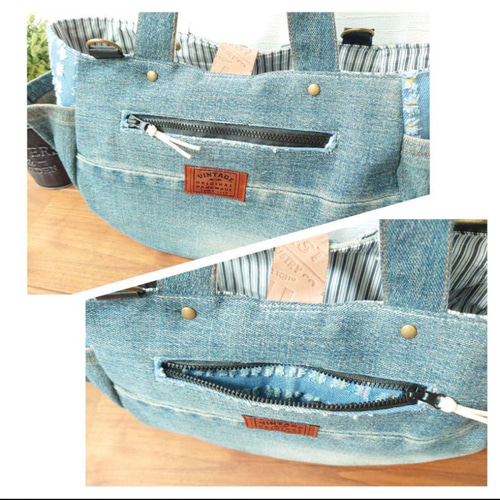 No.264【ALL DENIM✖️チューリップバッグ❤️】サイドポケットデニムリメイクトートバッグ✨ トートバッグ nocco☆  通販｜Creema(クリーマ) 16109153