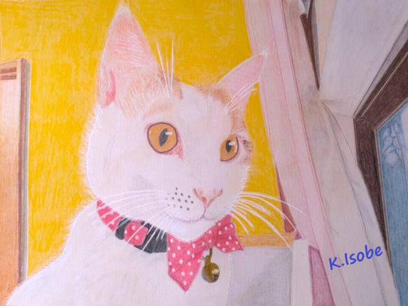 絵画「窓越しにパトロールする白猫」K.Isobe A4判 複製画 (ゴールド)　 2枚目の画像