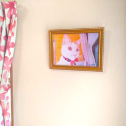 絵画「窓越しにパトロールする白猫」K.Isobe A4判 複製画 (ゴールド)　 4枚目の画像