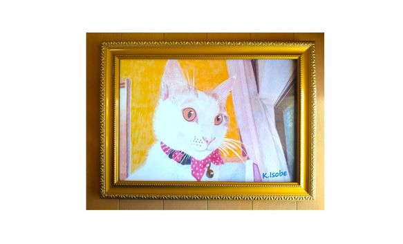 絵画「窓越しにパトロールする白猫」K.Isobe A4判 複製画 (ゴールド)　 1枚目の画像