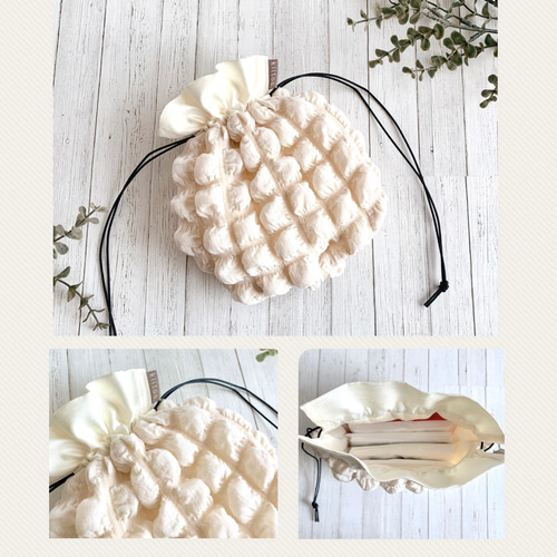 ハンドメイド 巾着袋 ユキエモン　コップ袋　入園入学　ポーチ　リネン北欧 保冷にも♡ ミニ 巾着 ぽこぽこ ポップコーン生地 ポーチ コップ