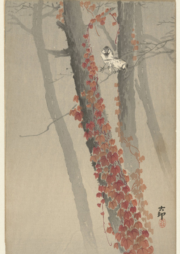 【NO.242】赤い蔓の植物と鳥の日本画アートポスター水墨画和柄絵画和モダン★ハガキ2L判A5A4A3A2A1B5B4 2枚目の画像