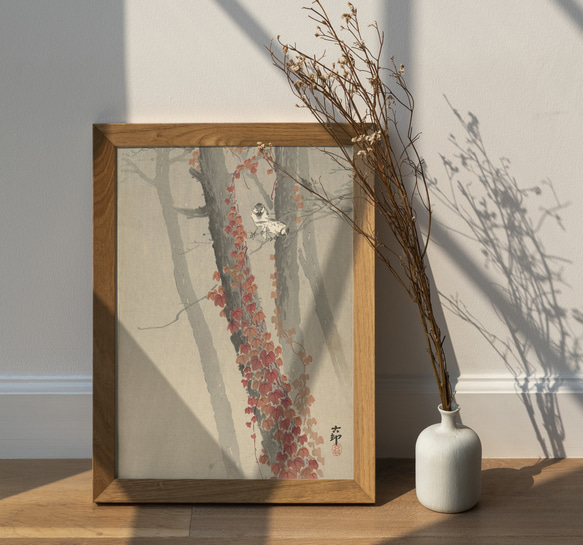 NO.242】赤い蔓の植物と鳥の日本画アートポスター水墨画和柄絵画和