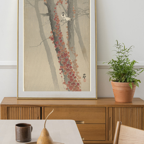 NO.242】赤い蔓の植物と鳥の日本画アートポスター水墨画和柄絵画