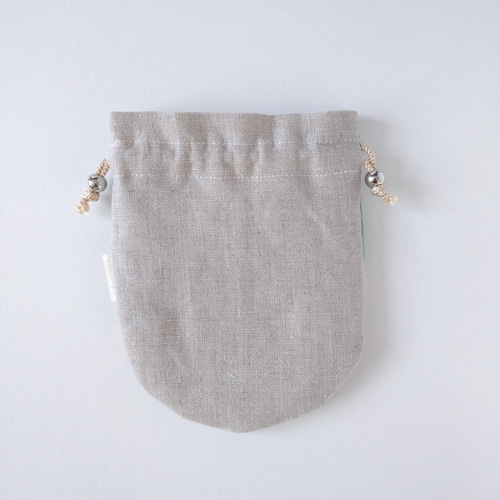 インド刺繍リボンの巾着ポーチ【mint×natural】 巾着袋 watamofu