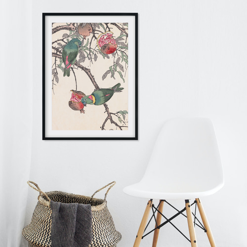 NO.293】柘榴とインコ日本画アートポスター☆レトロ浮世絵和室