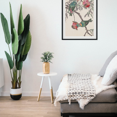 NO.293】柘榴とインコ日本画アートポスター☆レトロ浮世絵和室