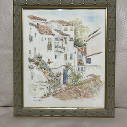 カサレス（スペイン、アンダルシアの白い村、原画、透明水彩、額付き） 4枚目の画像