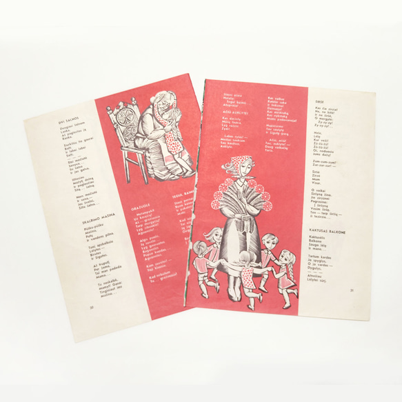 子供と老婆 花を抱える女性 木と鳥 リトアニア洋書カルトン 戯画 イラスト図版 ヴィンテージ2枚組 2003-16.17 2枚目の画像