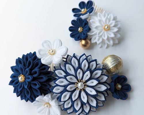 つまみ細工【藍-あおい-】髪飾り 結婚式髪飾り 成人式髪飾り 振袖髪