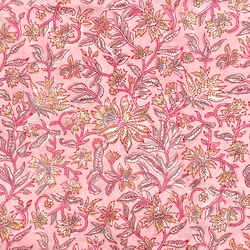 [50cm單位]粉紅色米色隨機花印度手工塊印花布料紡織棉 第3張的照片