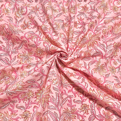 [50cm單位]粉紅色米色隨機花印度手工塊印花布料紡織棉 第1張的照片