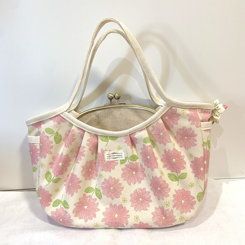 がま口付♪ 可愛いピンクの花柄グラニーバッグ つまみ細工風