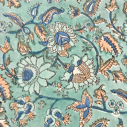 【50cm單位】暗藍綠花黃葉印度手工版畫布料紡織棉 第2張的照片