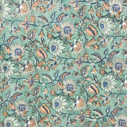 【50cm單位】暗藍綠花黃葉印度手工版畫布料紡織棉 第4張的照片