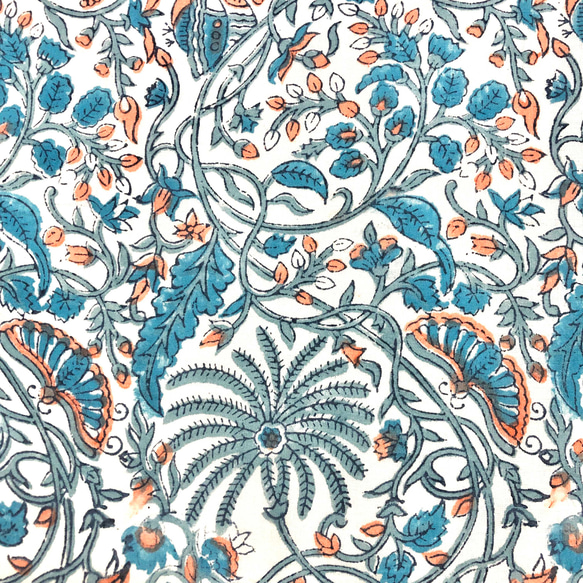 [50 公分單位] 白色藍色橘色植物印度手版印刷布料紡織棉 第2張的照片