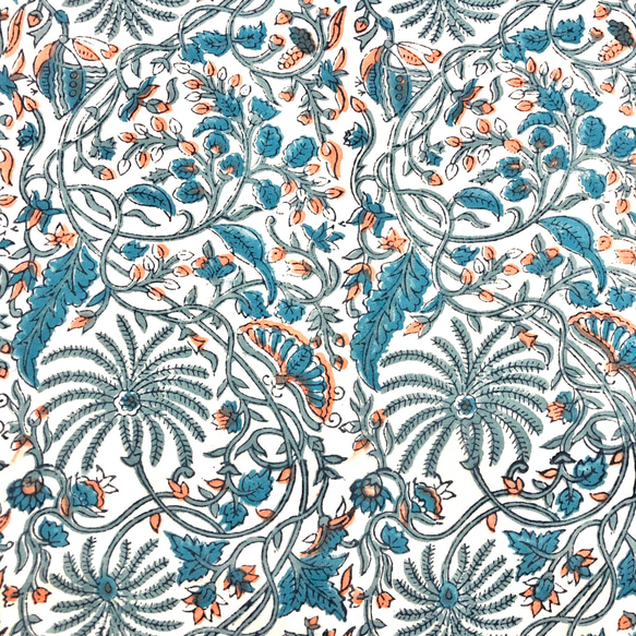 [50 公分單位] 白色藍色橘色植物印度手版印刷布料紡織棉 第3張的照片