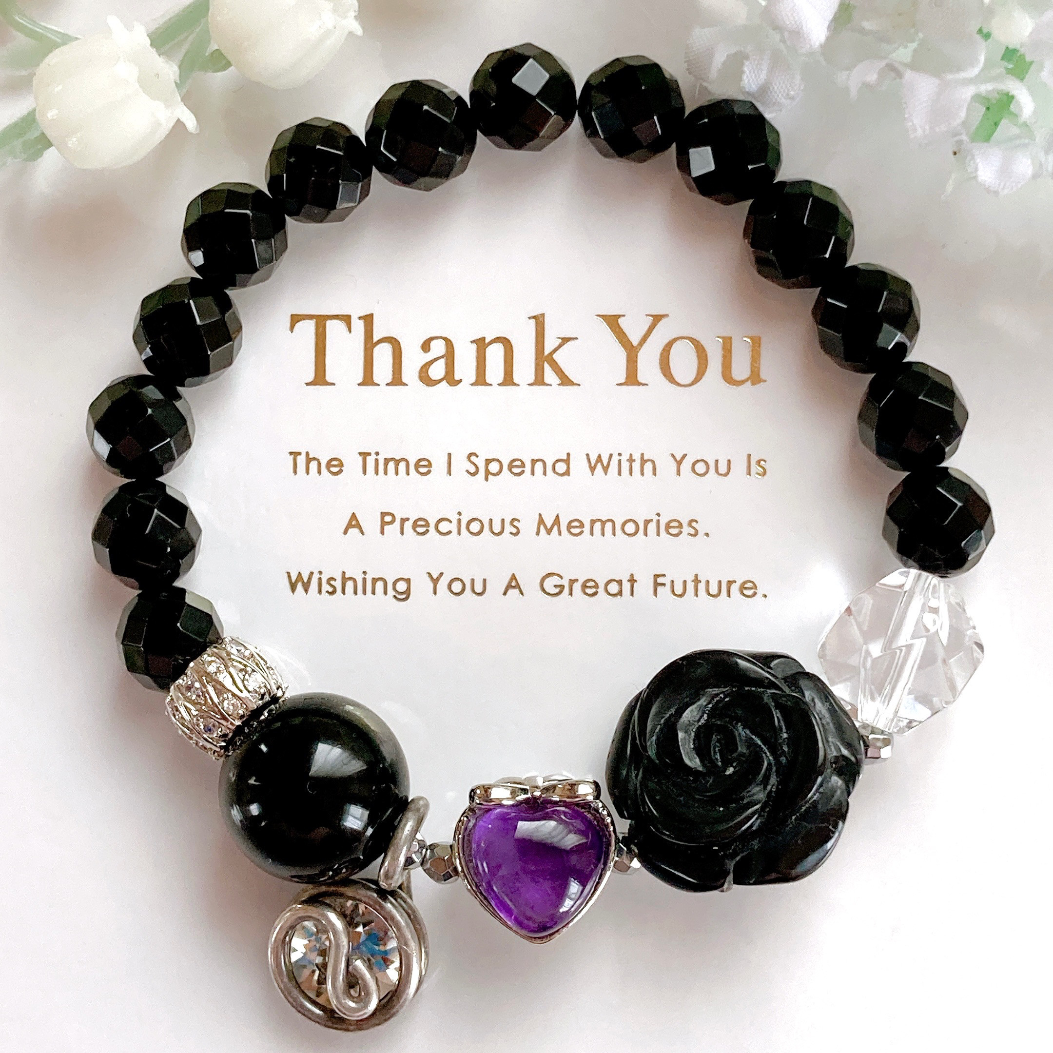 ˚✧₊⁎一点のみ˚✧₊⁎オニキス薔薇シルバーチャームアメジストハート天然石ブレスレット