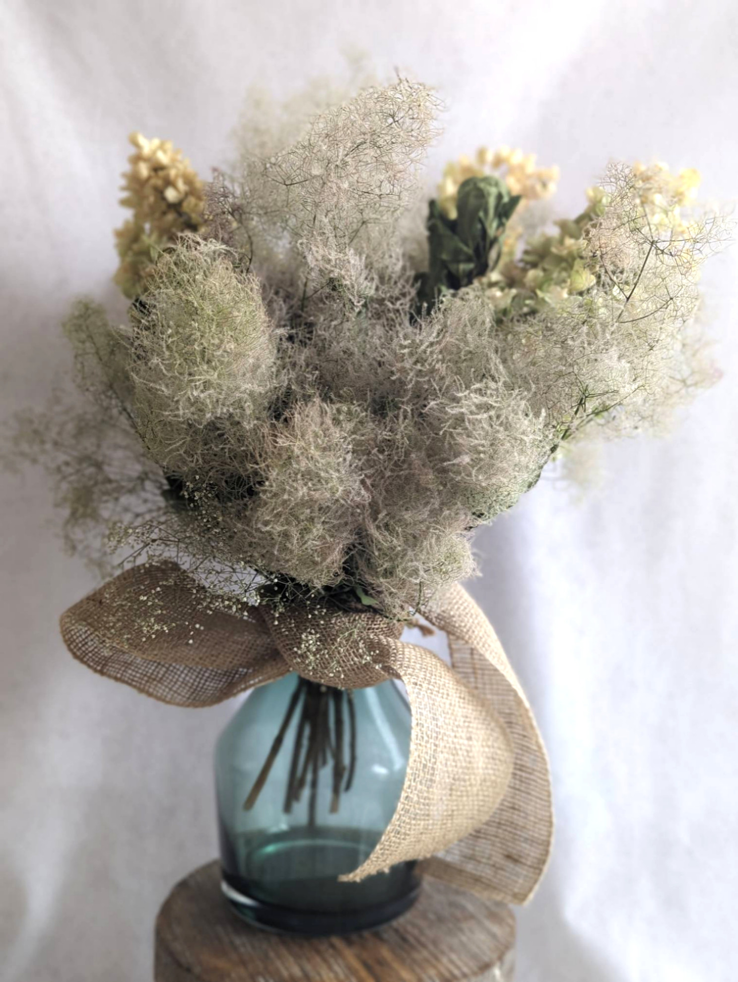 【SALE♪】ガラスベース付き　スモークツリーのドライフラワーアレンジメント＆スワッグLL　２WAY