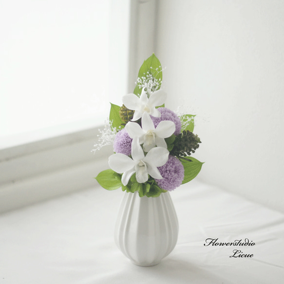 仏花】マムとデンファレの仏花（紫）全てプリザーブドフラワー使用 ご