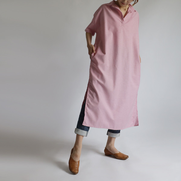 ラスト1 最終SALE スキッパー襟 横スリット ロングシャツ