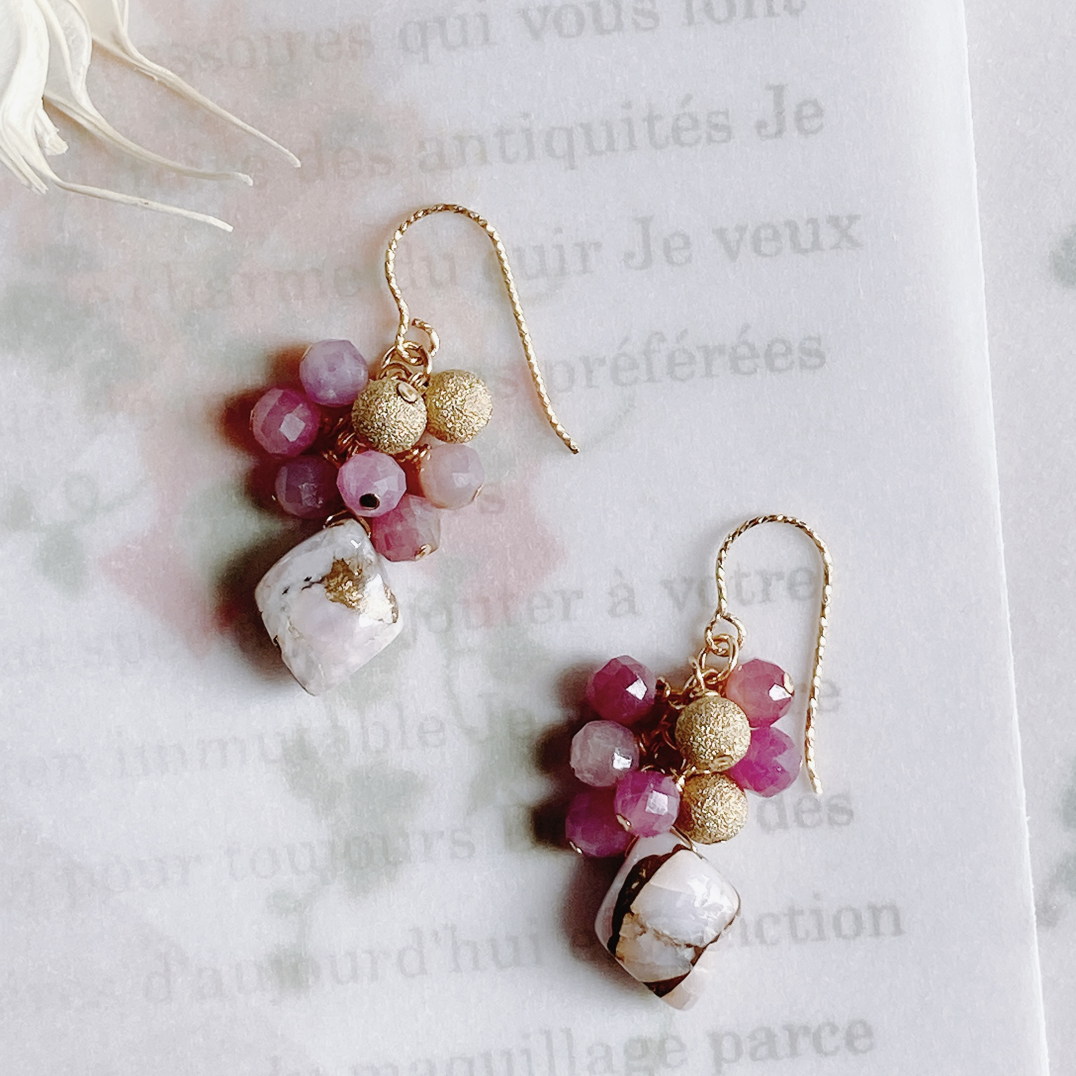 14kgf【コッパーピンクオパール×ルビー】ピアス・イヤリング