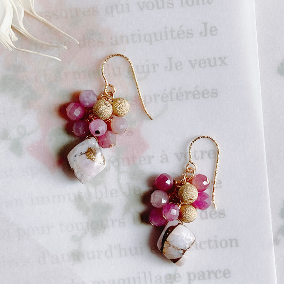 天然石ピンクオパールコッパー 14Kgfピアス 14kgf【コッパーピンク