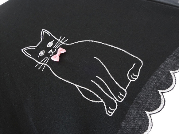 CLASSICO 完全遮光　ネコ　刺繍　晴雨兼用　遮光100% 日傘　かわず張り　麻混 猫好き 6枚目の画像