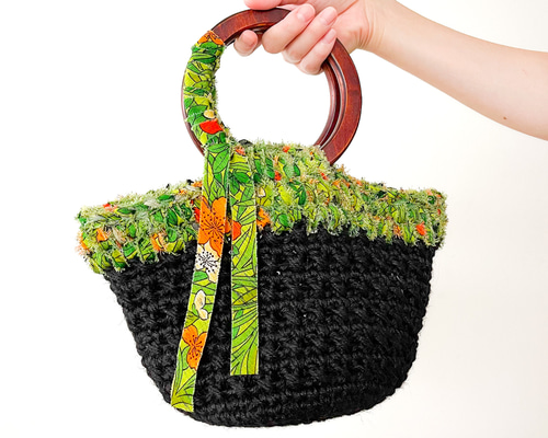 帯電防止処理加工 【手編み】一点物の麻のお買物バッグ(ハンドバッグ